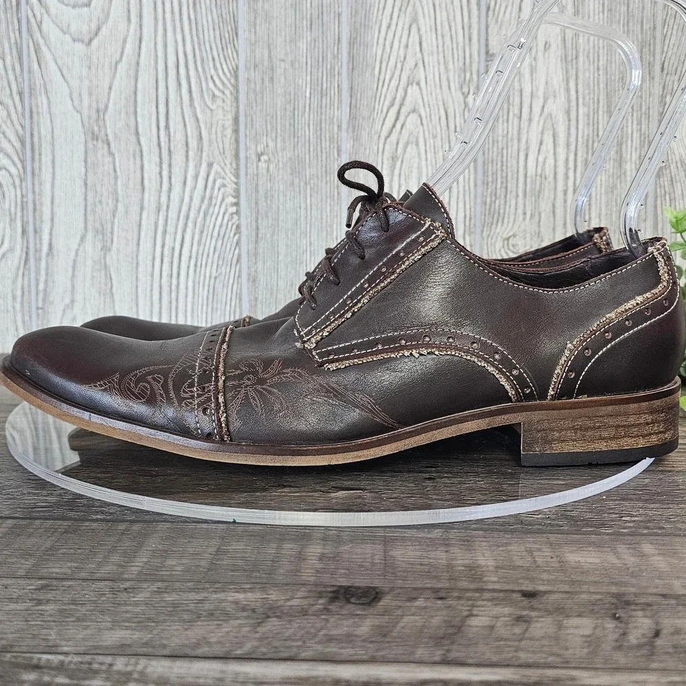 T2[in] Leather Oxford Dress Shoes Men's 45 Engraved‎ Design Frayed Stitch Spain